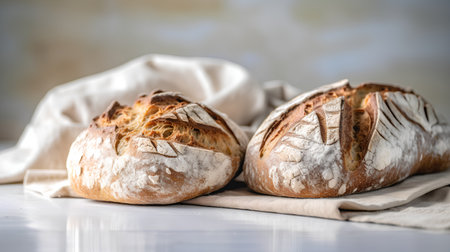Freshly baked sourdough bread on linen napkin. Selective focus.の素材