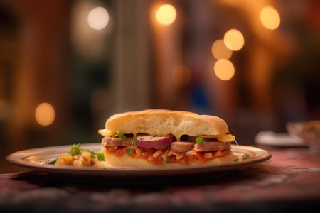Burger on a plate with bokeh lights in the backgroundの素材