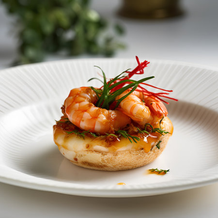 Toast with fried prawns and dill on white plateの素材
