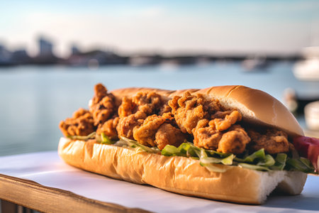 Fried chicken in a bun on the table near the river.の素材