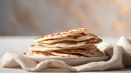 Stack of freshly baked flatbreads on a white plate, selective focus.の素材