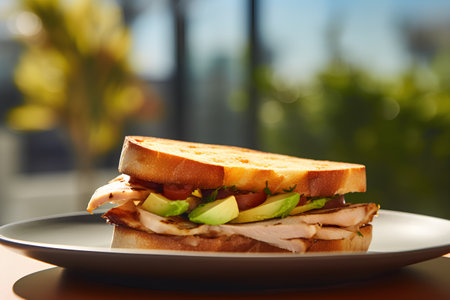 Sandwich with chicken, avocado and tomato on a plate in a cafeの素材