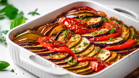 Ratatouille with eggplant, tomatoes and herbs in baking dishの素材