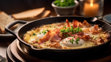 Eggs with bacon and parsley in a cast iron skilletの素材