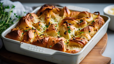 Baked croissants with butter and thyme in baking dishの素材