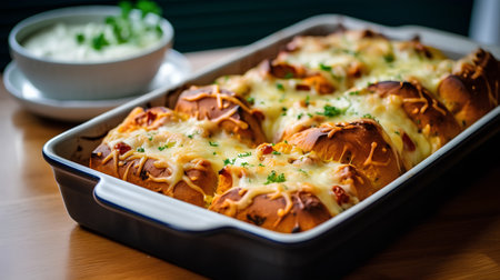 Baked chicken breast with cheese and parsley in a baking dishの素材
