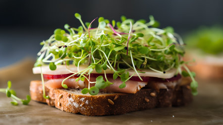 sandwich with ham, cheese and microgreens on a dark backgroundの素材