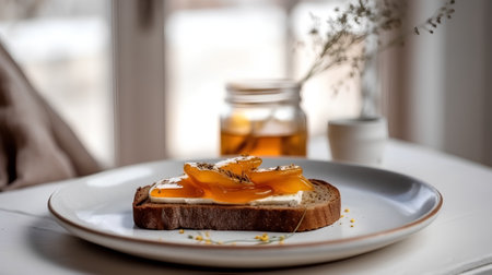 Slice of bread with butter and mandarin jam on a plateの素材