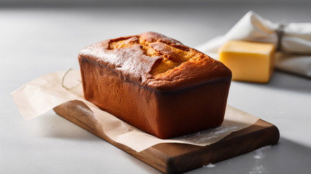Banana cake with butter on a wooden board. Selective focus.の素材