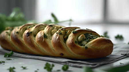 Bun with garlic and parsley on a black napkin.の素材