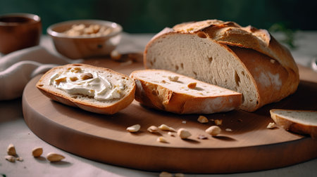 Sliced bread with sour cream and nuts on a wooden boardの素材