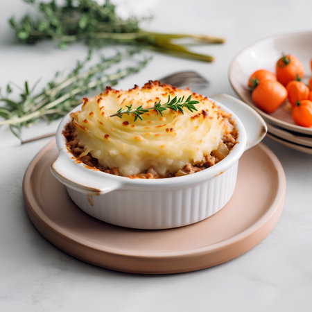 Potato casserole with meat, cheese and herbs on a light backgroundの素材
