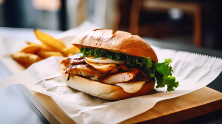 Sandwich with chicken fillet, cheese and french fries on wooden boardの素材