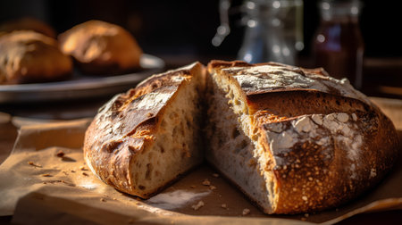 Freshly baked bread on a wooden table in a rustic styleの素材