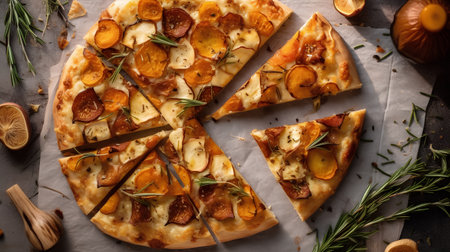 Slices of pizza with peaches and rosemary on baking paperの素材