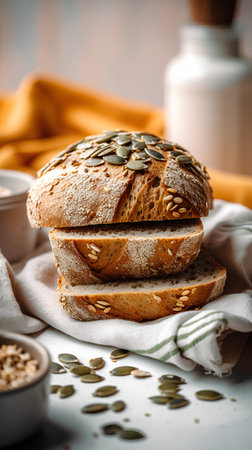 Whole grain bread with sunflower seeds and flax seeds on a light backgroundの素材