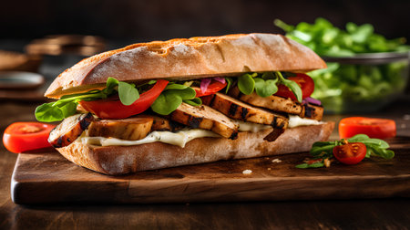 Sandwich with grilled chicken and vegetables on a wooden background. Selective focus.の素材