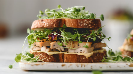 Healthy sandwich with chicken, cheese and microgreens, selective focusの素材