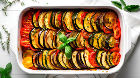 Ratatouille with zucchini, eggplant and tomatoes in baking dishの素材
