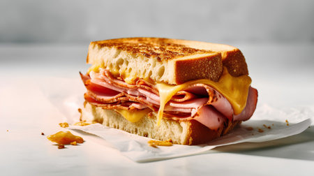 Sandwich with ham, cheese and mustard on a white background.の素材