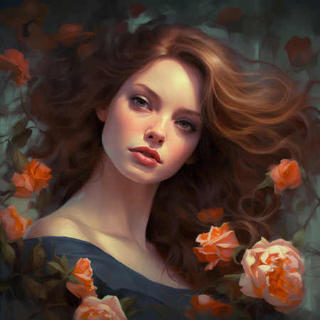 Portrait of a beautiful young woman with long curly hair and flowers.の素材