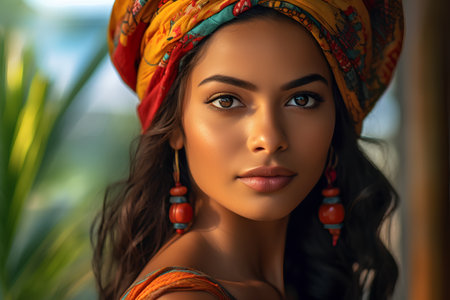 Portrait of a beautiful young Indian woman in a turban.の素材