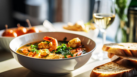 Seafood soup with shrimps, prawns, mussels and vegetables in a bowl.の素材