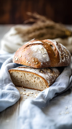 Freshly baked bread with oat flakes and sunflower seeds on wooden backgroundの素材