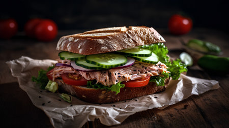 sandwich with tuna, cucumber, tomato and lettuce on a wooden backgroundの素材