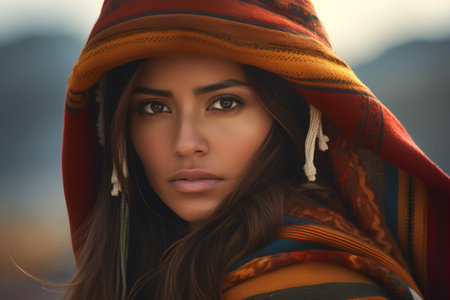 Portrait of a beautiful woman with long brown hair in a colorful scarf.の素材