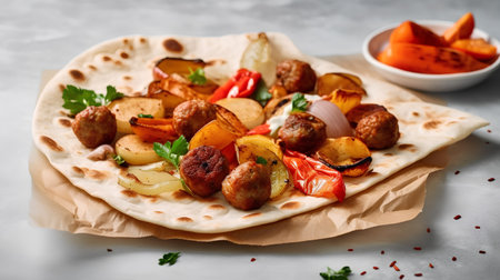 Grilled meatballs with potatoes and vegetables on a pita breadの素材