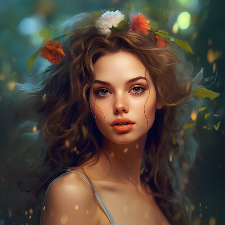 Beautiful young woman with flowers in her hair. Beauty, fashion.の素材