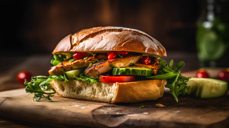 Grilled chicken burger with fresh vegetables and arugula on wooden backgroundの素材