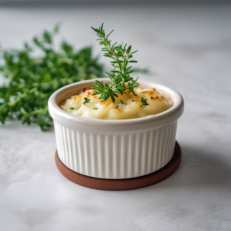 Mashed potatoes with thyme in a ceramic bowl. Selective focus.の素材