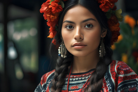 Portrait of a beautiful asian woman with braids and flowers in her hairの素材