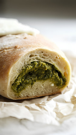 Pistachio cheese bread on a white background, selective focusの素材