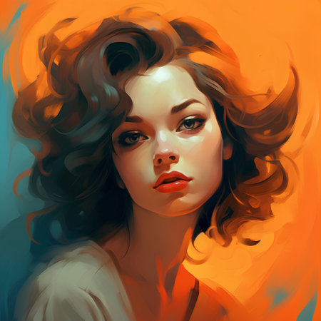 Portrait of beautiful young woman with long curly hair and red lips.の素材