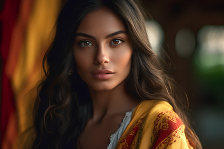 Portrait of a beautiful young woman with long wavy hair.の素材