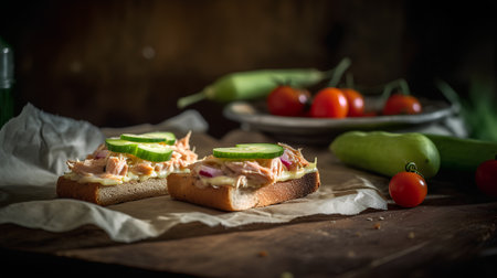 sandwiches with salmon, cucumber and tomatoes on a wooden backgroundの素材