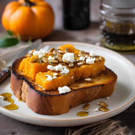 Pumpkin toast with seeds and butter on a wooden background.の素材