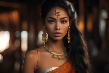 Portrait of a beautiful young asian woman wearing indian dressの素材