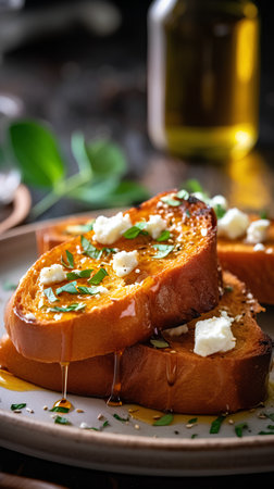Baked sweet potato with honey and feta cheese on a wooden backgroundの素材