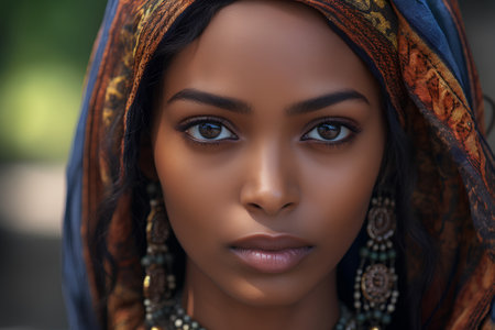 Close up portrait of beautiful african american woman wearing headscarf.の素材