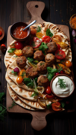 Pita bread with meatballs, tomatoes and onions on wooden boardの素材
