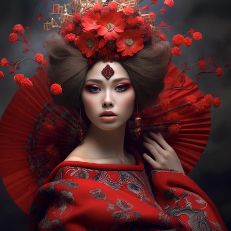 Beautiful asian woman with red flowers in her hair. Fashion portrait.の素材