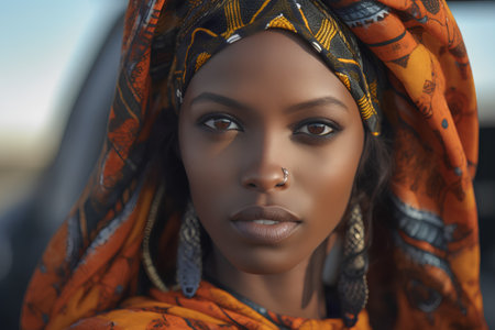 Beautiful african american woman with a scarf on her headの素材