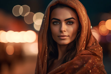 Portrait of a beautiful young woman in oriental clothes. Bokeh background.の素材