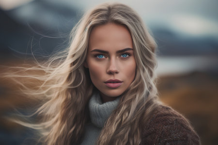 Portrait of a beautiful young woman with long blond hair in a knitted sweater and scarf.の素材