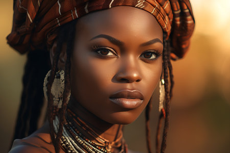 Close-up portrait of a beautiful african woman in a headscarf.の素材