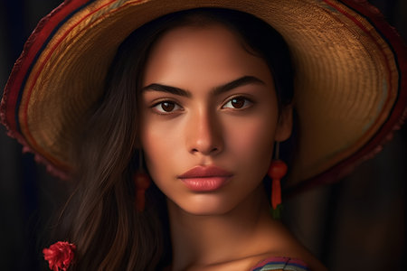 Portrait of a beautiful young woman in a mexican hat.の素材